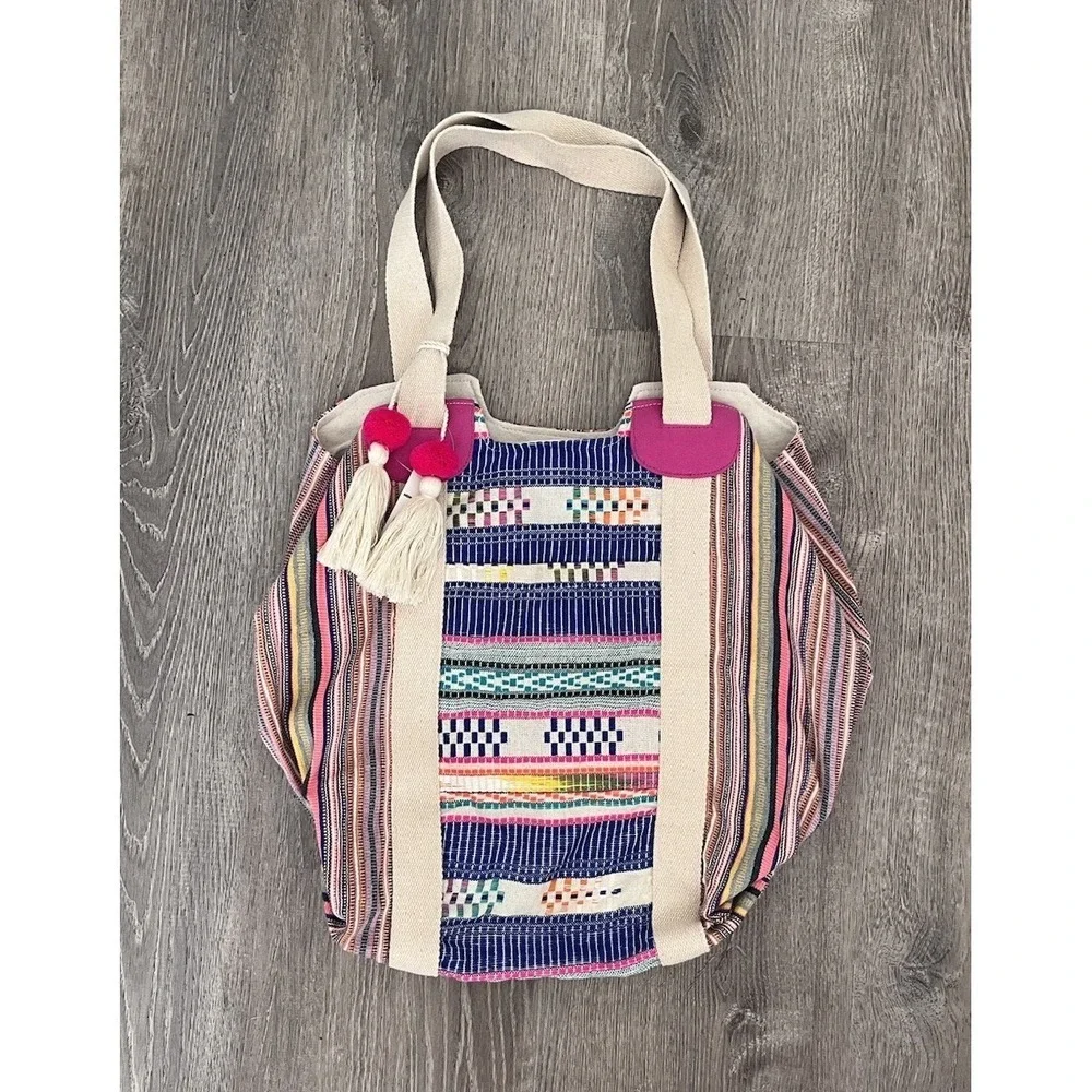 Boho Striped Canvas Tote Bag Tassels Bohemian Festival Beach Shoulder Bag NWT